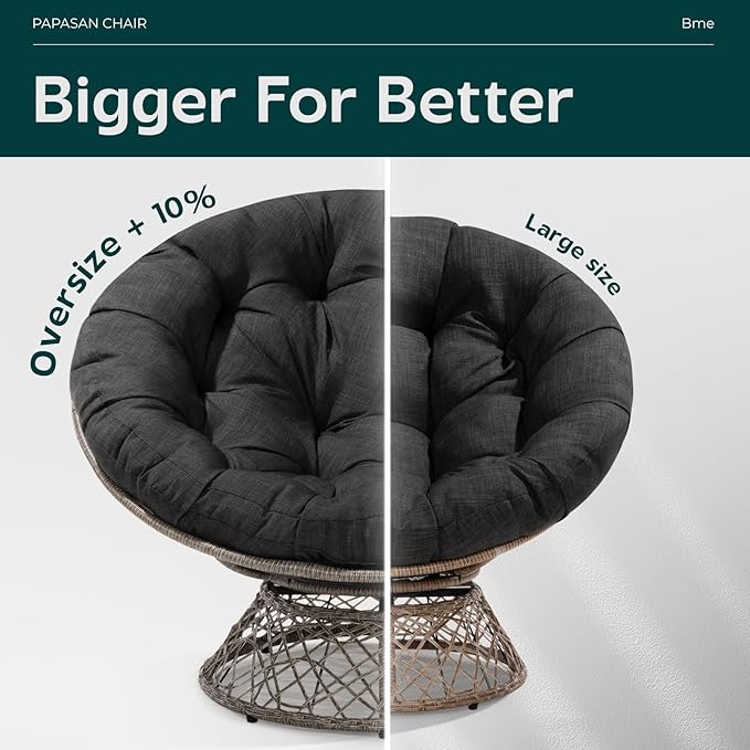 Bme Metal Oversized Swivel Papasan Chair Living Room Chair with Black Cushion Gray Frame 360° Swivel Skillfully Woven Resin Wicker 46 Inch Wide Bee-Designed Base Modern Style Indoor Use