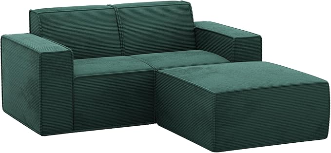 Cozy Castle 71 Loveseat Sofa L Shaped Comfy Corduroy Boneless Couch with Deep Seat and Ottoman Chaise Cloud Sofa Upholstered Couches for Living Room Bedroom No Assembly Required (Green)