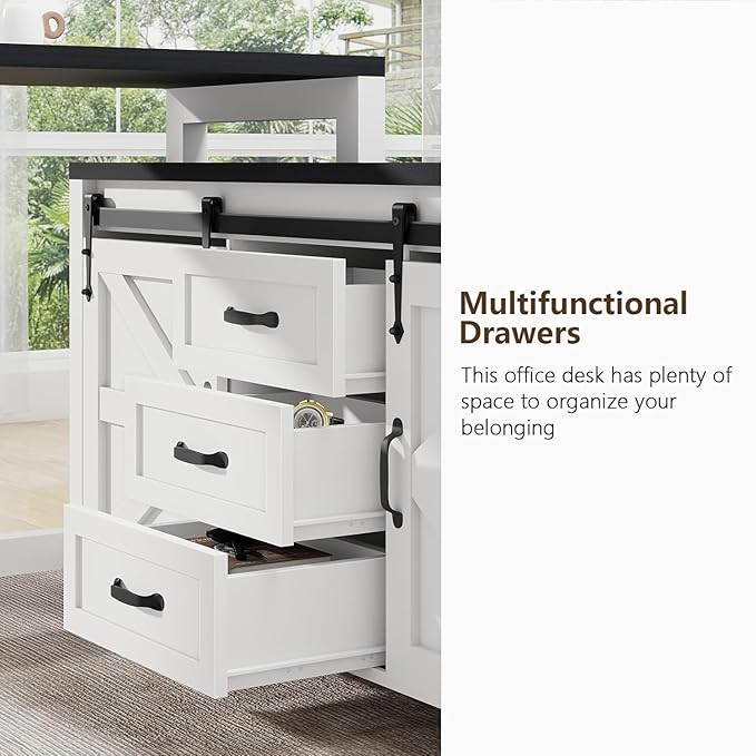 L Shaped Desk with Drawers Farmhouse Executive Wood Home Office Desk with Power Outlet Rustic Reversible Computer Desk with Storage Cabinet with Double Sliding Barn Door and Adjustable Shelves