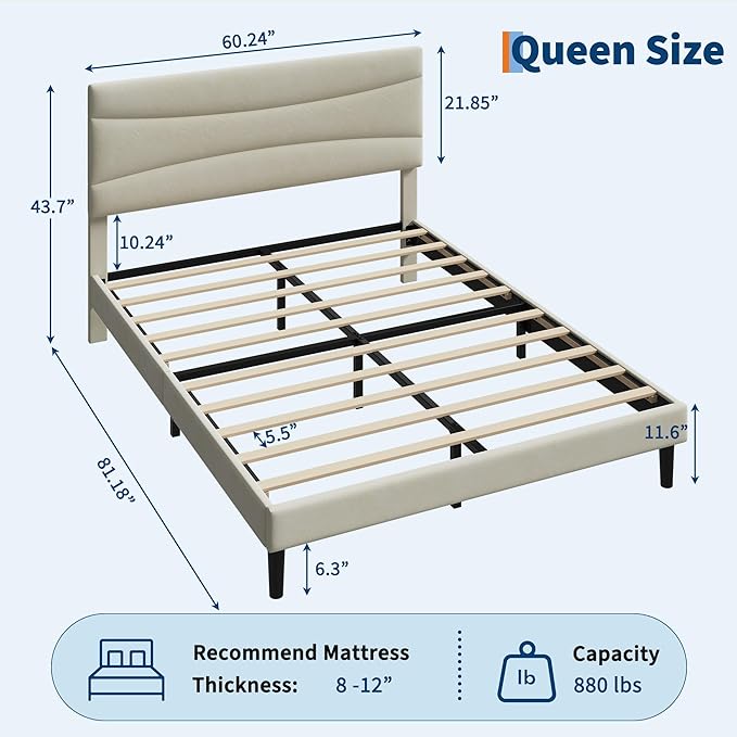 GarveeHome Queen Bed Frame with Headboard Upholstered Platform Bed Frame Queen Size with Sturdy Wood Slats Support No Box Spring Needed Easy Assembly Noise Free Beige Velvet
