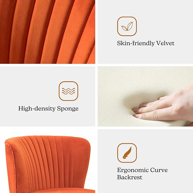 TINA'S HOME Monica Velvet Armless Side Chair Set of 2 Upholstered Accent Chair Comfy Living Room Chair with Golden Legs Wingback Mid Century Slipper Chair for Bedroom Guest Room- Orange