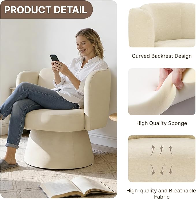 Swivel Barrel Chair360° Accent Chairs with Round BackrestUpholstered Lounge Chair for VanityLiving RoomBedroomReading NookSand