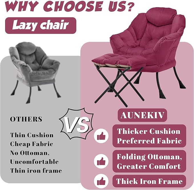 Lazy Chair with Ottoman Comfy Accent Lounge Chair with Side Pocket Modern Reading Armchair with Footrest Upholstered Sofa Chair for Small Spaces Bedroom Living Room Dorm Wine Red