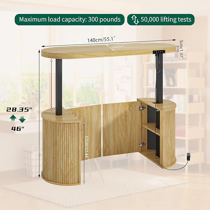 Mid Century Modern Electric Standing Desk with Storage 55 x 22 Inch Small Sit Stand Up Desk Wood Adjustable Height Computer Executive Desk for Home Office Laptop Oak