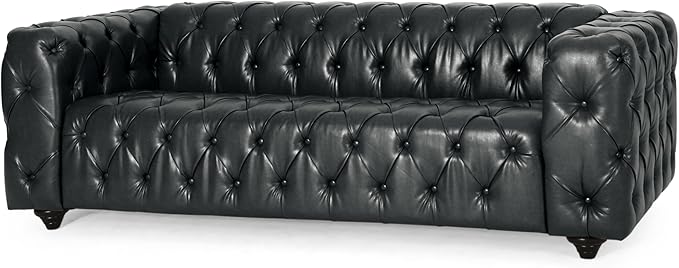 83.5 Upholstered Chesterfield Couch Modern 3 Seater Sofa with Tufted Back and Square Arms Wood Leg Nailhead Sofa for Living Room/Office/Apartment/Small Space PU Leather Black