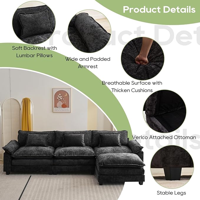 120 Modular Sectional Sofa Comfy Cloud Couch Sectional Sofa with Ottoman Chenille Sofa Sleeper Deep Seat Sofa with Throw Pillows for Living Room (Black 120- L Shape)