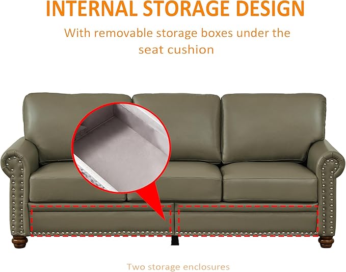 82 Faux Leather Pu Couch Underseat Storage Classic Sofa Elegance 3 Seat with Rolled Armrests Nailhead Trim Wood Legs Classic Living Room Accent Sofa 3 Seat-Grey