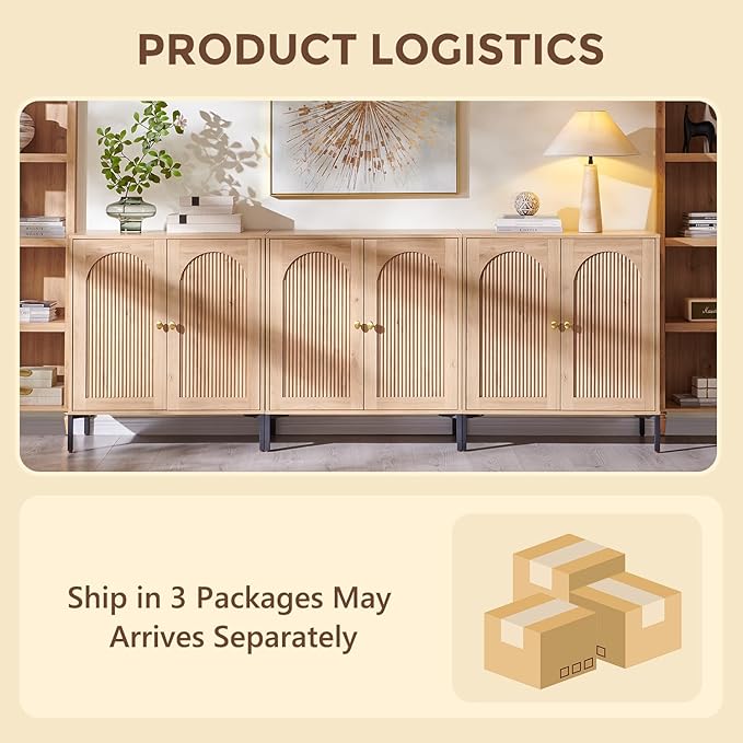 Modern TV Stands for 80 inch tvs 92.63 W Wood Entertainment Center w/Adjustable Shelves Mid Century Modern TV Stand w/Arched Fluted Doors Media Console Cabinet for Living Room Natural