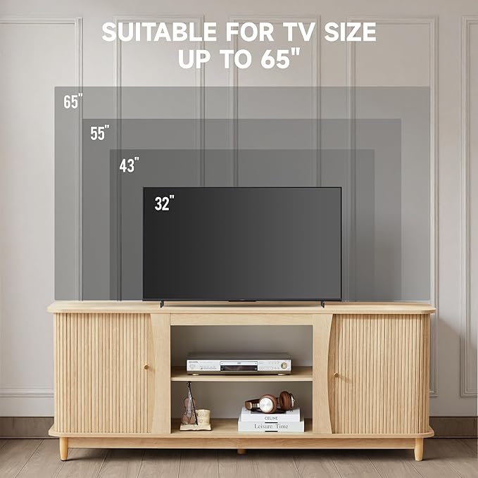 TV Stand Fluted Media Console Table with Storage and Sliding Door Farmhouse Entertainment Center for Living Room Home Office (Natural-No Fireplace)