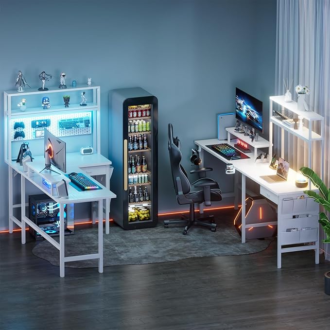 HLDIRECT L Shaped Desk with LED Light &amp Power Outlet 67 Inch Reversible Corner Gaming Desk with Storage Shelves &amp Drawer Computer Table with Monitor Stand Home Office Work Study White