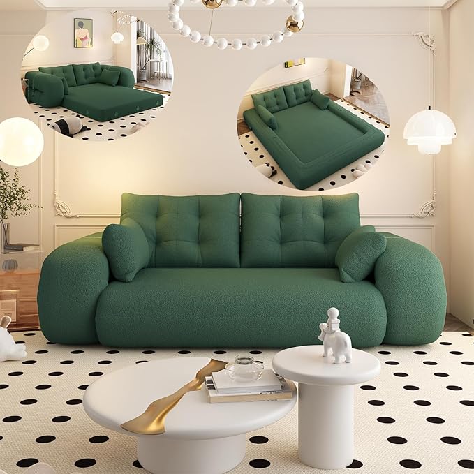 79 Modern Green Teddy Convertible Futon Couch Sofa Bed 3 in 1 Pull Out Memory Sleeper Cloud Sofas Double Full Size Boneless Love Seat Beds for Living Room Dorm ApartmentBedroom (Green)