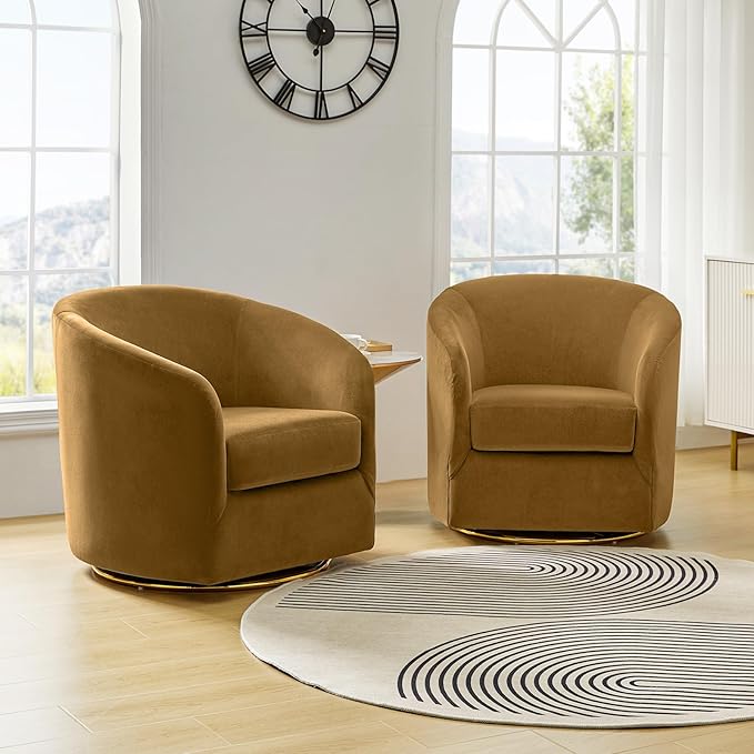 HULALA HOME Swivel Accent Chair with Gold Metal Base Set of 2 Contemporary Velvet Curved Swivel Barrel Chair Upholstered Club Armchair Leisure Single Sofa for Living RoomBedroom(Golden)