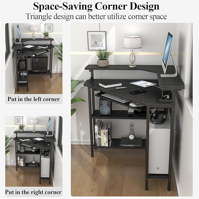 Auromie Corner Desk with Charging Station &amp LED Light Triangle Corner Desk with Monitor Stand &amp Keyboard Tray for Small Space Gaming Computer Desk with Storage Shelves for Home Office (Black