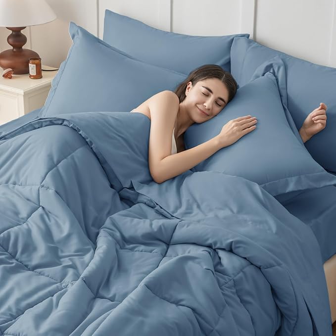 JOLLYVOGUE Twin Comforter Set Ultra-Soft Bed in a Bag Twin Size 5 Pieces Oeko-TEX Certified Bedding Set with Down Alternative Comforter Sheets Pillowcases &amp Shams Dusty Blue