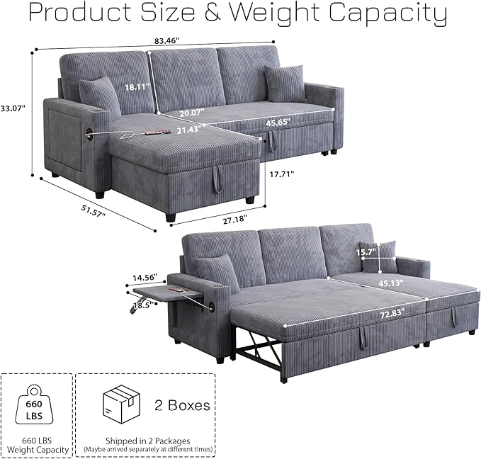 Rovibek 83 Convertible Sofa Bed Couch with Storage &amp USB Port – 4 in 1 L Shaped Sofa with Pull Out Couch Bed Side Table Cup Holder for Living Room Apartment Office Small Spaces Grey