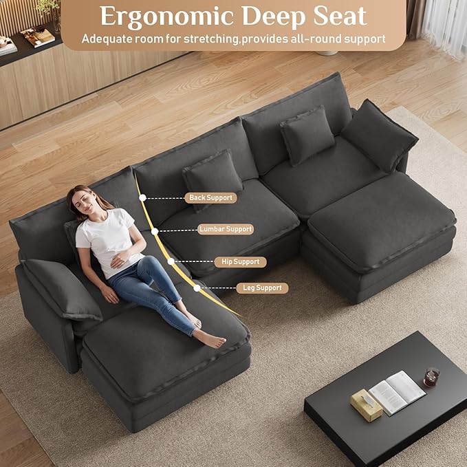 114 U Shaped Cloud Couch Sectionals Oversized Sectional Couches for Living Room Modular Couch Large Velvet Cloud Sofa with Movable Ottoman Grey