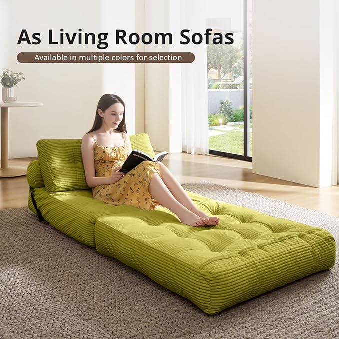 Folding Sofa Bed Convertible Sleeper Chair with Pillow Foldable Mattress with Back Support Portable Floor Sofa Lounge for Living Room Bedroom Dorm(Green Single)