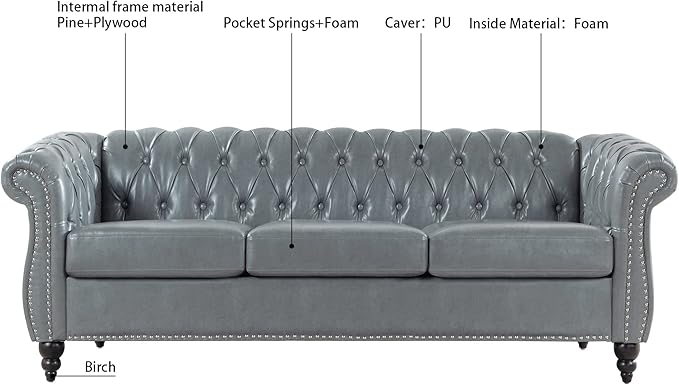 Ball &amp Cast 84 Chesterfield Leather Sofa with Channel Tufted Seat BackClassic 3 Seater Couch w/Roll Arm Nailhead Trim and UpholsteredMid Century Furniture for Living RoomBedroomOfficeGrey PU