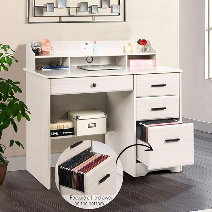 White Home Office Desk with 4 Drawers &amp Hutch Computer Table for Bedroom Off-White