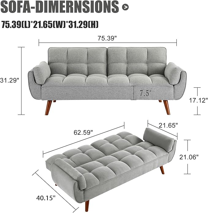 Convertible Futon Sofa Bed Sleeper Couch Bed with Adjustable Backrests Linen 3 Seater Small Couches for Small Spaces Living Room Bedroom(Gray 75)