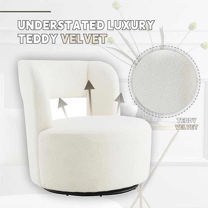 Swivel Accent Chair 360° Swivel Comfy Upholstered Seat for Living Room Bedroom Office Swivel Barrel Chair in Soft Teddy Fabric for Makeup Vanity &amp Waiting Room(White)