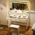 COMHOMA Makeup Vanity Desk with Mirror and Lights Vanity Table and Chair Set with 5 Drawers and Charging Station Bedroom Dresser LED Mirror Stepless Dimmable &amp 3 Color Modes Adjustable Pearl Wh