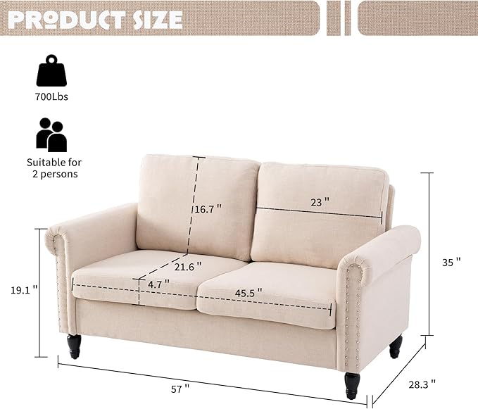 J.C.UP 57’’ Loveseat Sofa CouchSmall Couches for Living Room with Linen FabricComfy Upholstered Love Seat Sofa Couches for Bedroom with Solid Wood Legs2 Seater Mini Modern Couch for Small Spaces