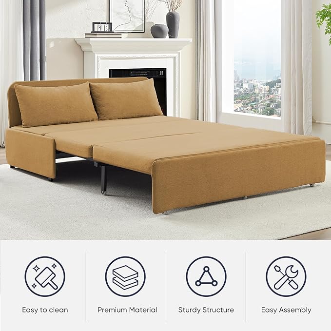 ijuicy 3 in 1 Queen Size Pull Out Sofa Bed Linen Sleeper Sofa with Pullout Bed Convertible Loveseat Couch Beds with Pillows and Tri-fold Mattress for Small Space Apartment Mustard Yellow