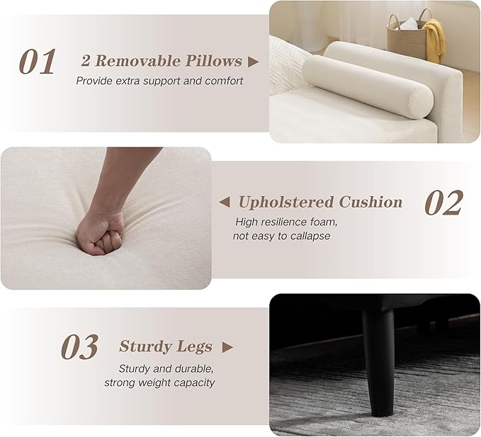 Mlmh &amp Kngwa Chaise Lounge Chair Indoor 88.5 Upholstered Oversized End of Bed Bench with 2 Pillows &amp Armrests Comfy Sleeper Couch Daybed Bench for Bedroom Living Room Chenille Beige