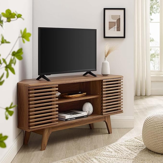 Modway Render Mid-Century Modern Low Profile Corner Media TV Stand in Wal 15 x 46 x 23
