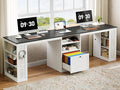 Farmhouse 96.5 Computer Desk for 2 Person Two Person Desk with Drawer &amp Shelves Long Writing Desk with Rising Table and Pegboard for Home Office Black and White