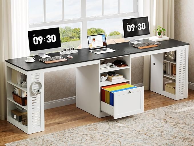 Farmhouse 96.5 Computer Desk for 2 Person Two Person Desk with Drawer &amp Shelves Long Writing Desk with Rising Table and Pegboard for Home Office Black and White
