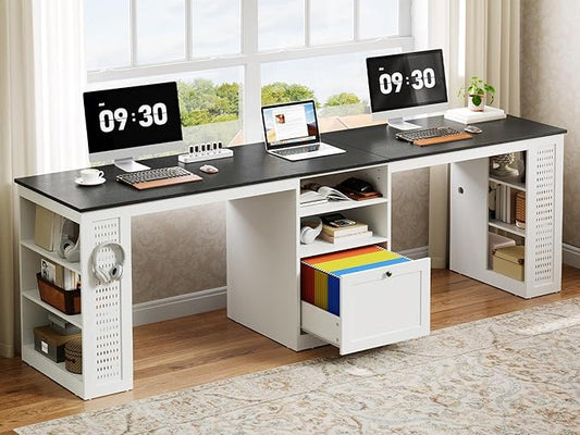 Farmhouse 96.5 Computer Desk for 2 Person Two Person Desk with Drawer &amp Shelves Long Writing Desk with Rising Table and Pegboard for Home Office Black and White