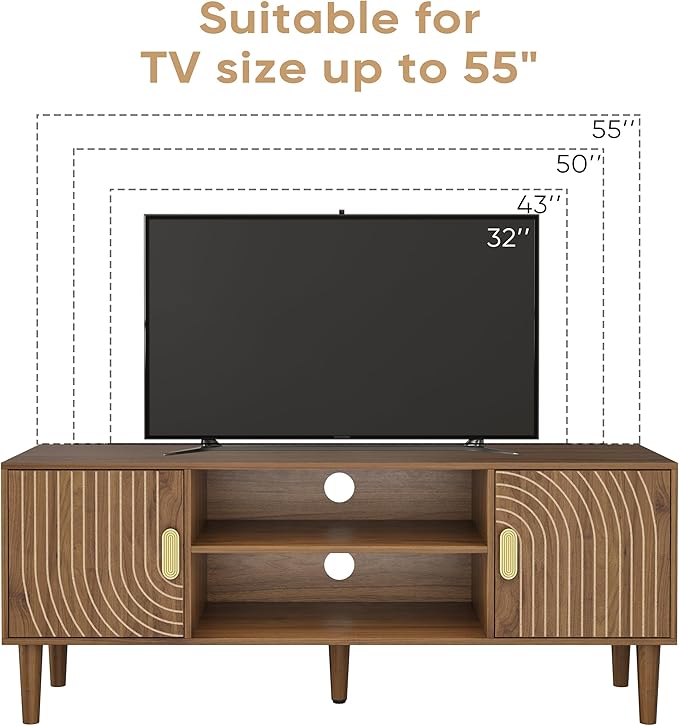 Smuxee Walnut TV Stand with Line Groove Design 47.2 Mid Century Modern TV Media Console for TVs up to 55 TV Cabinet with Adjustable Shelf &amp 2 Cabinets for Living Room