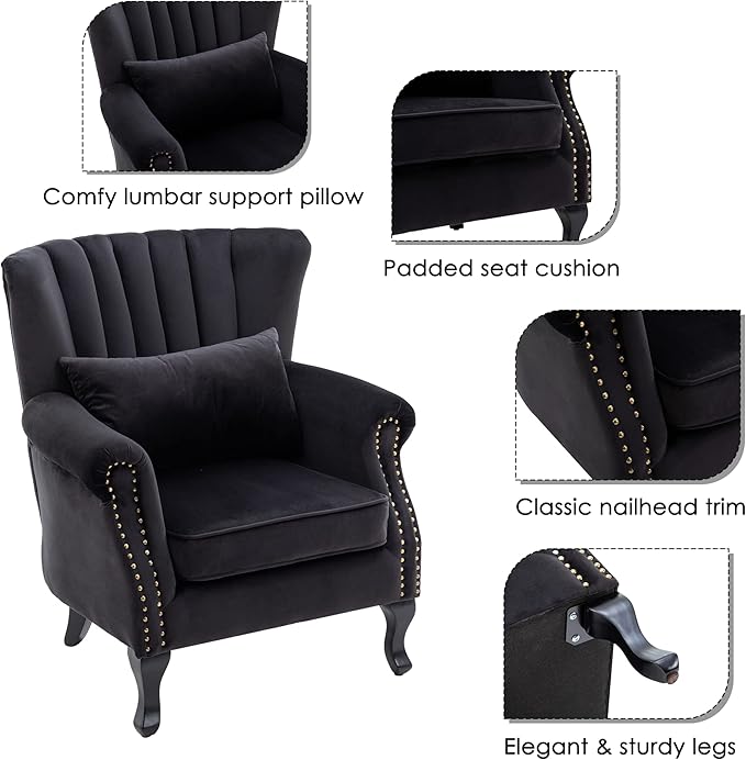 chairus Mid-Century Modern Accent Chair Comfy Single Sofa Chair Channel Back Armchair with Small Pillow for Living Roon Bedroom Club - Velvet Black