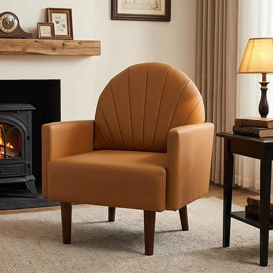 PU Accent Chairs for Living Room with High-Density Foam Cushion Mid-Century Single Sofa Armchair with Solid Wood Legs Upholstered Reading Chair for Bedroom Home Office (Shell Orange)