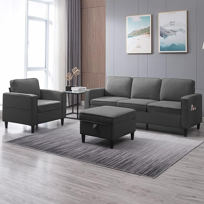 ijuicy 2PCS Sectional Sofa Set for Living Room Furniture Set Modern 4 Seat Couch Set with Ottoman L-Shaped 3 Seat Couch &amp Armchair with Side Pockets &amp Movable Storage Ottoman(3+1 Seat/Dark G