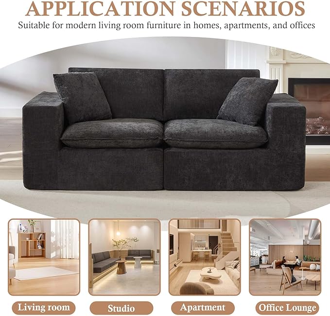 78'' Chenille Modular Loveseat Black Boneless Loveseat with 2 Pillows Cloud Couch Love Seats for 2-Seater Upholstered Sectional Sofa for Living Room No Assembly Freely Combinable (Black)