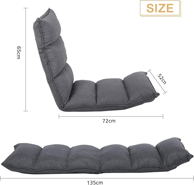 Fabric Folding Floor Chair with Headrest - 6-Position Head &amp Foot Recliner 14-Position Lumbar Support - Ergonomic Design for Reading Gaming and Relaxation 014GR