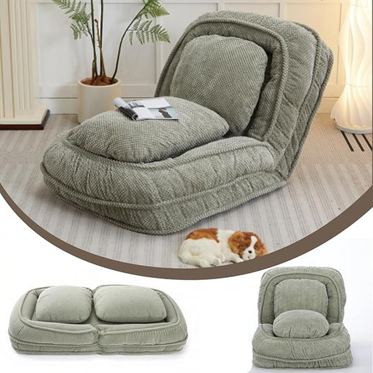 Foldable Lazy Sofa Bed Floor Chair Upholstered Human Dog Bed with 5 Adjustable Position Comfy Tatami Lounge Chair with 2 Pillows Lazy Sofa for Bedroom Living Room Reading (Green 1)
