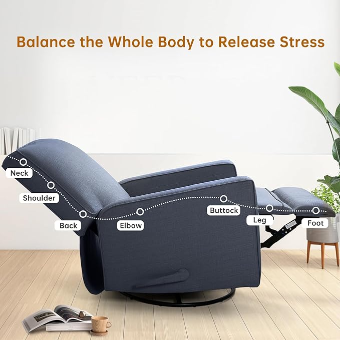 Swivel Rocker Recliner Chair for Adults High Back Fabric Recliner with Deep Seat Manual Glider for Living Room &amp Nursery Blue