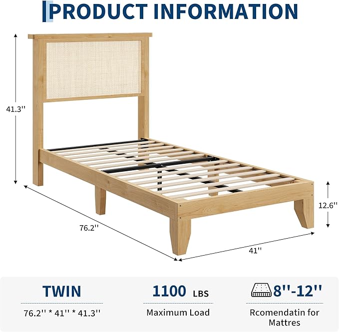 GAOMON Twin Size Rattan Bed Frame Rattan Bed Frame with LED Light &amp Natural Headboard Boho Storage Space Underneth Sturdy Wooden Slats Support No Box Spring Needed