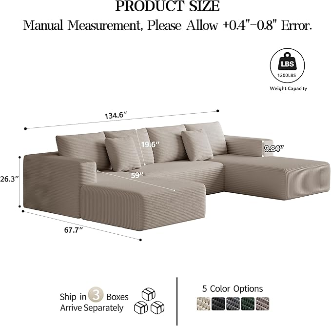134.6'' U-Shaped Modular Sectional SofaModern Comfortable Corduroy Cloud CouchConvertible Boneless Couches for Living Room with OttomanNo Assembly(Camel)