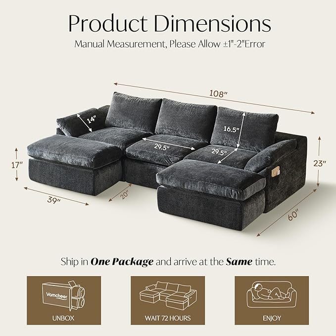 Vamcheer U Shaped Cloud Couch - Utra Soft Modular Sectional Sofa with 2 Movable Ottoman Deep Seat Boneless Couches for Living Room Bedroom Office No Assembly Required Grey