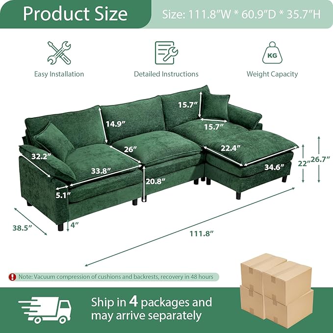 Chenille Modular Sectional Sofa 111.8'' Comfy Cloud Sofa Couch with Remove Ottoman Large L-Shaped Sofa for Living Room Extra Deep Seat Sofa with Pillows DIY Green