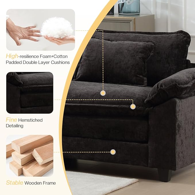 Modular Sectional Sofa Cloud Couch with Ottoman Deep Seat L Shaped Chenille Sofa Couches for Living Room Apartment (Black U-Shaped &amp 2 Ottoman)