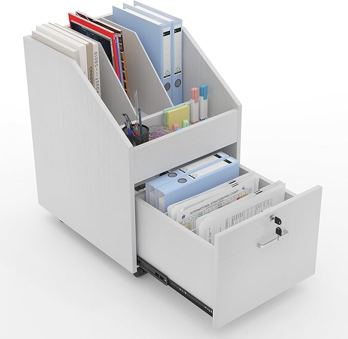 Mobile File Cabinet with LockUnder Desk Rolling File Cabinets for Home OfficeWood Filing Cabinet (White)