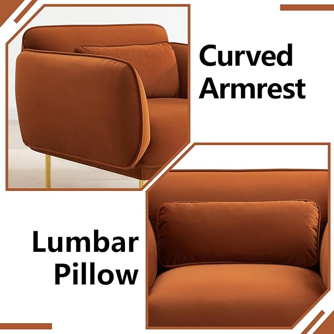Oversized Accent Chair for Office Brown Side Chair &amp Soccasional Chairs for Living Room Comfortable Chair for BedroomVelve Club Chairs with Gold Legs Lumbar Pillow (Brown)