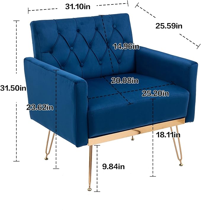 Velvet Accent Chair Upholstered Living Room Accent Armchair Leisure Single Chairs with Rose Golden feet Tufted Sofa Chairs for Home Office Living Room Bedroom Small Space (Navy)