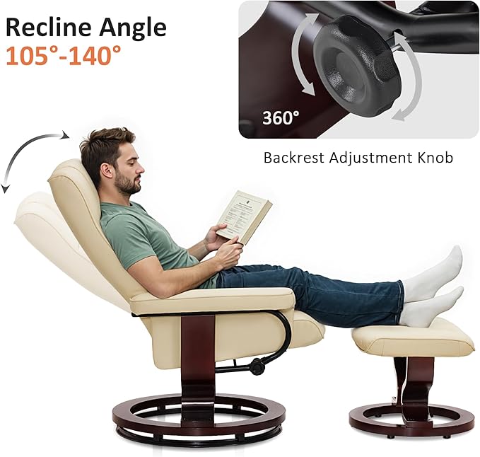 MCombo Manual Swivel Recliner with Ottoman Chair Ottoman Set for RV Small Spaces Living Room Bedroom Office 9019 4919 (Faux Leather Cream White)